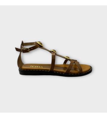 Sandalo Flat in pelle cuoio con pietre